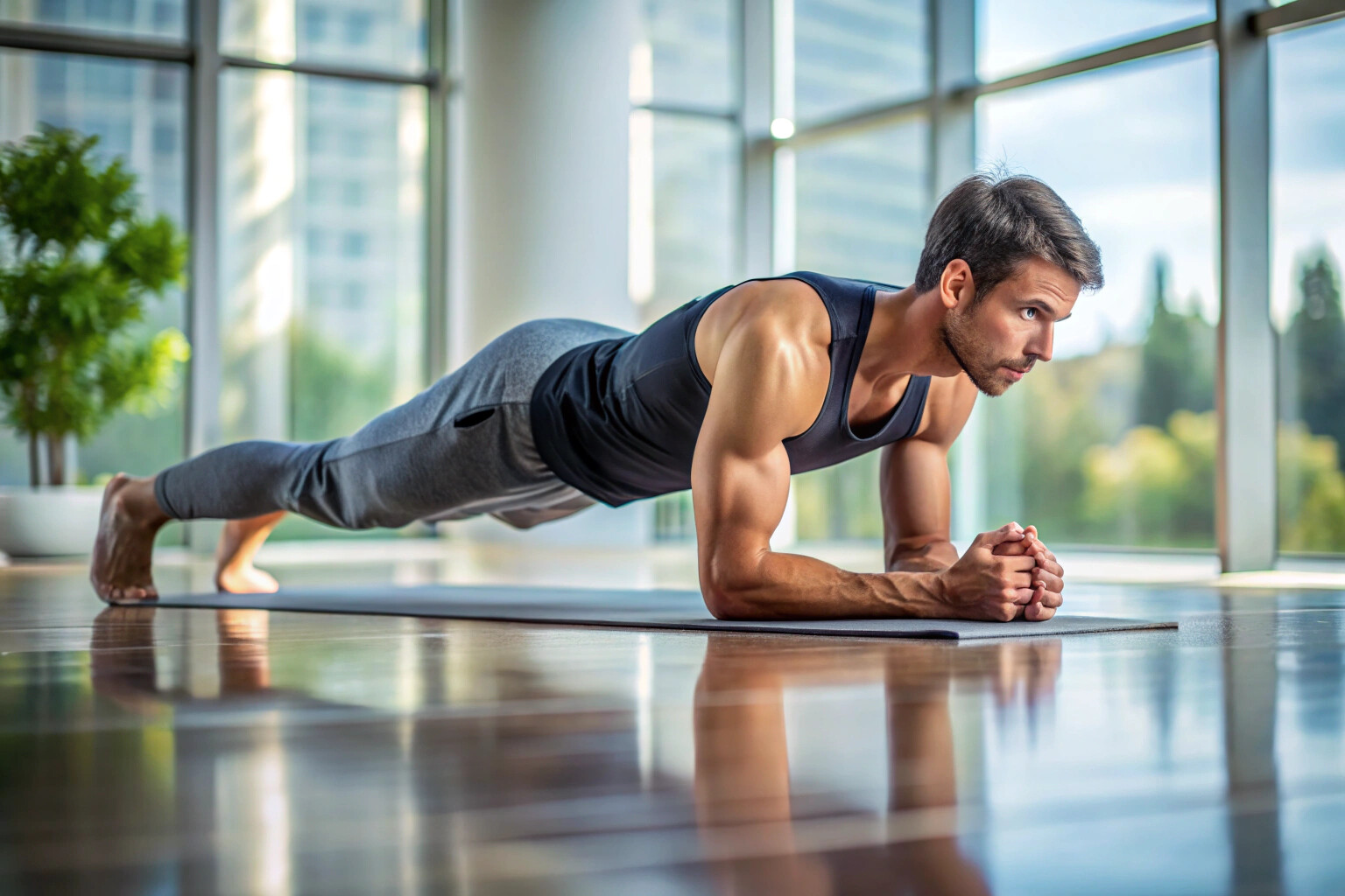 Persona realizando una plancha perfecta en una superficie limpia, con brazos extendidos y cuerpo totalmente recto, en un ambiente sereno y sin distracciones visuales
