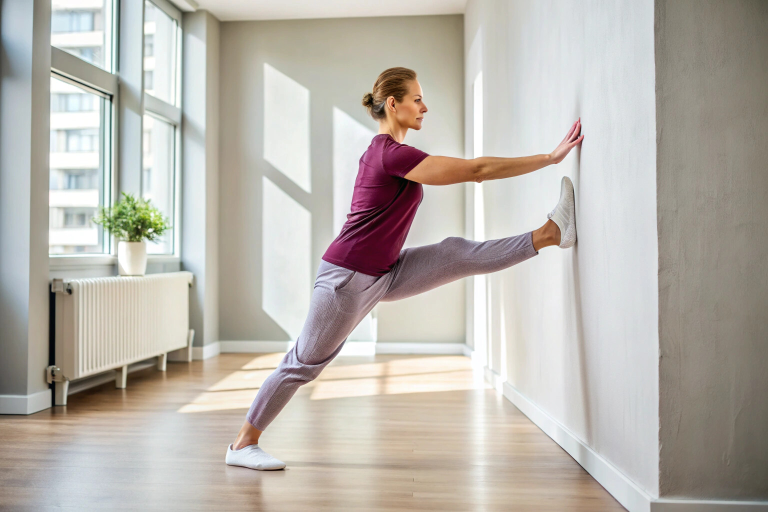 Persona realizando un estiramiento de gemelos contra una pared en una habitación luminosa, con ropa cómoda, mostrando una postura relajada y fluida