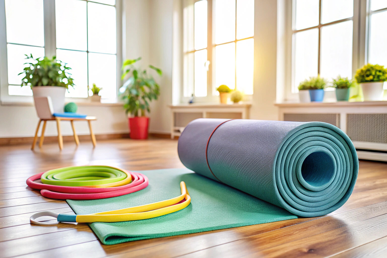 Una colchoneta de yoga enrollada junto a unas bandas de resistencia de colores suaves, en un entorno doméstico con paredes blancas y luz natural.