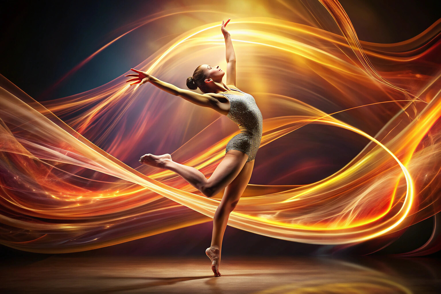 Una imagen abstracta que simboliza conexión y movimiento en gimnasia, con líneas suaves y colores cálidos que fluyen en espiral, evocando energía y interacción humana sin elementos textuales o de marca