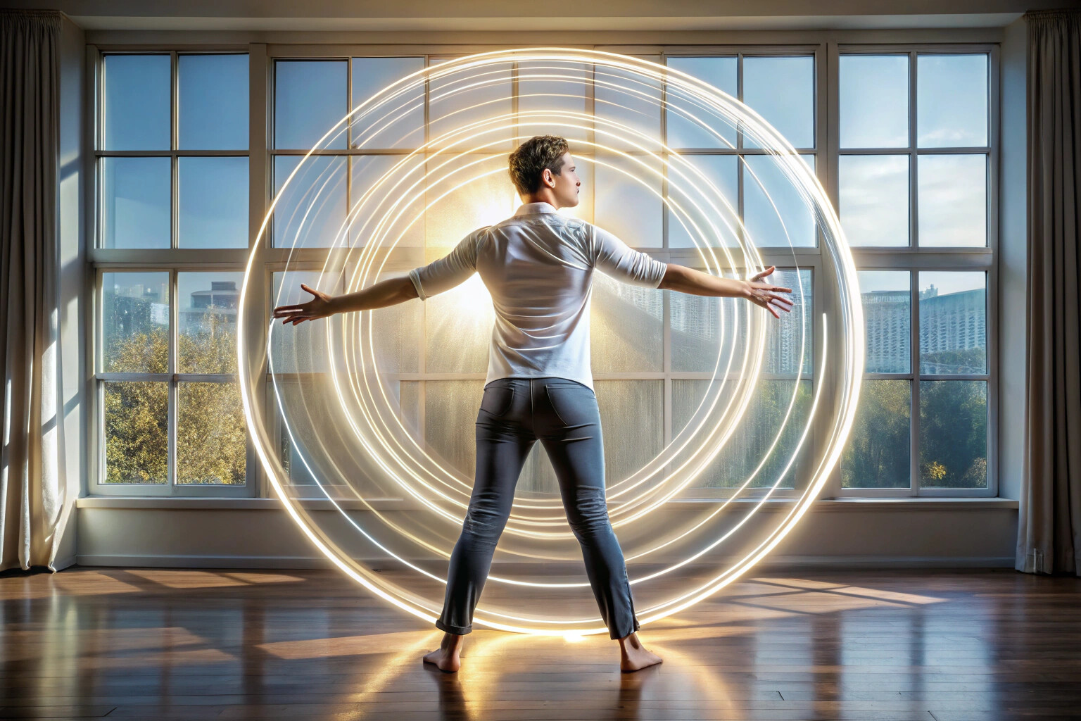 Persona de pie en una habitación con luz natural, realizando círculos amplios con los brazos hacia adelante y hacia atrás, mostrando un movimiento fluido y relajado, sin elementos de marca visibles