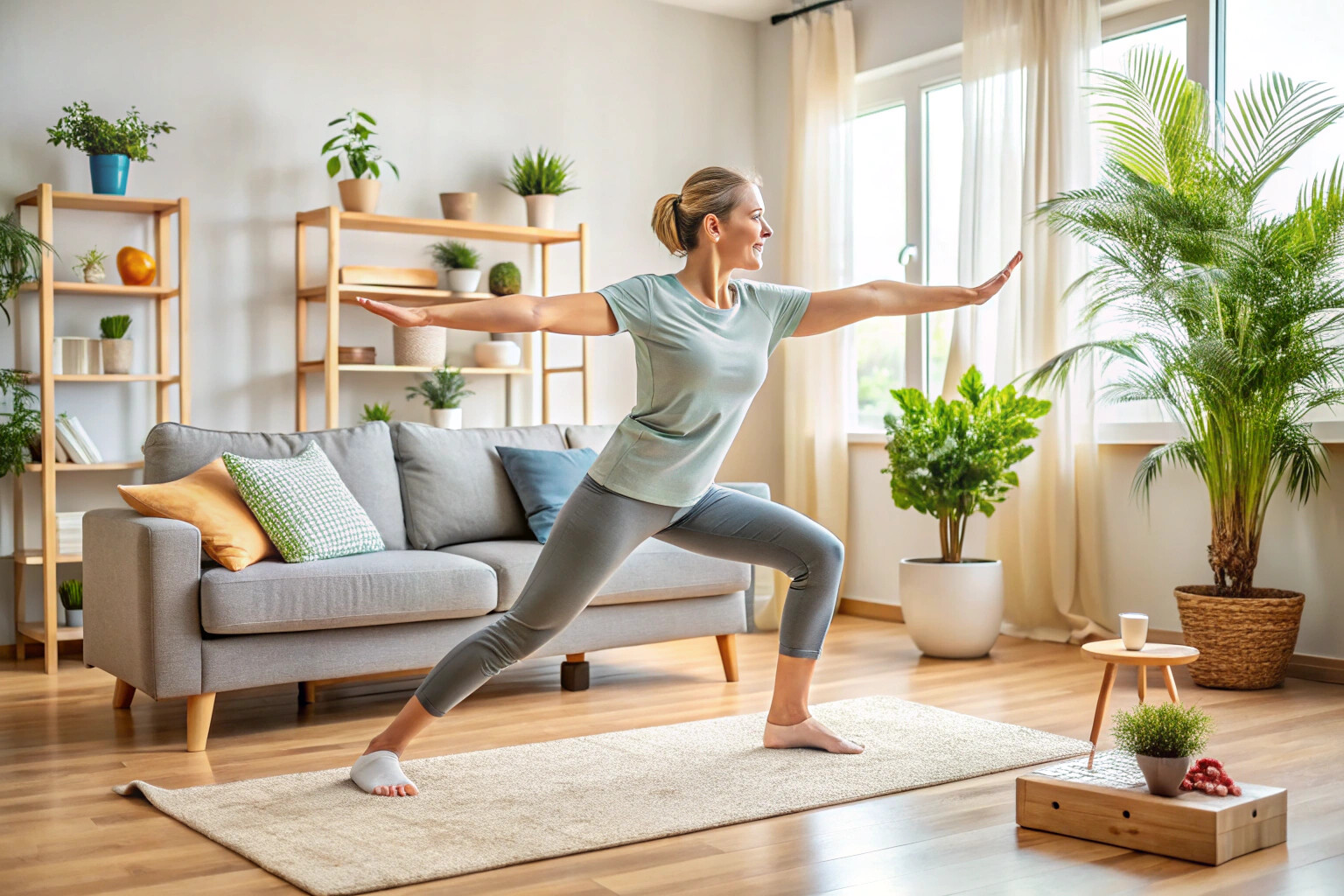 Una persona realizando un ejercicio de equilibrio en una alfombra suave de su sala de estar, con cojines y plantas de fondo, en un ambiente sereno y libre de distracciones