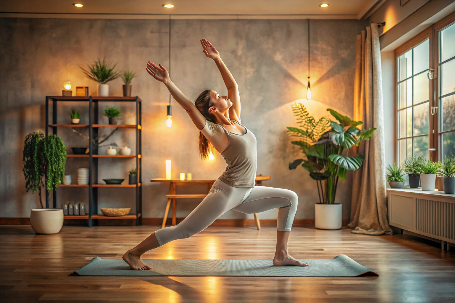 Una persona realizando una postura de yoga en una habitación con luz suave y decoración minimalista, mostrando concentración y serenidad